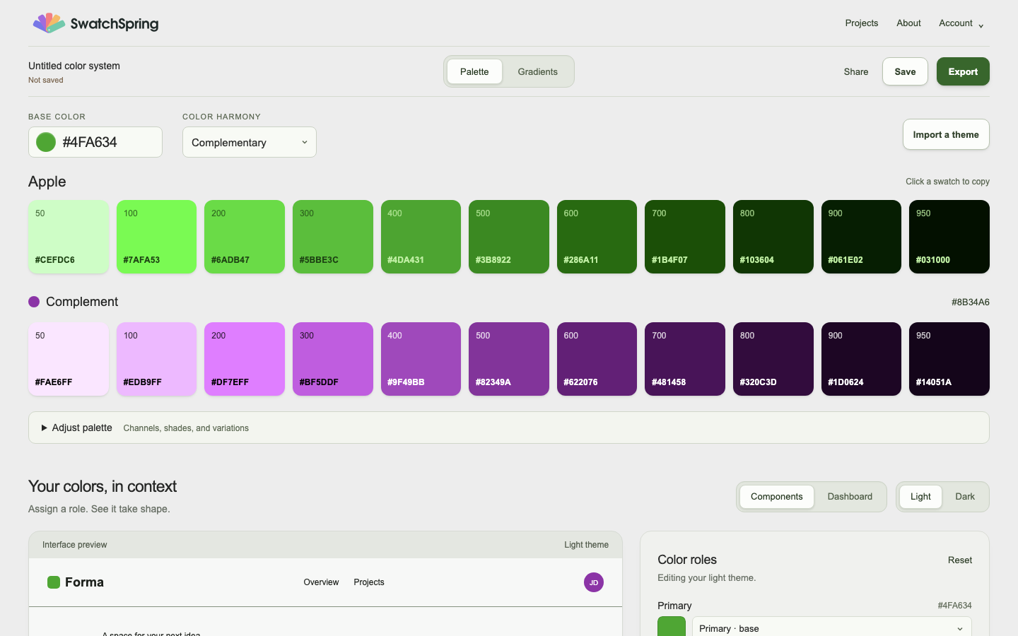 SwatchSpring editor showing a green brand palette, purple complementary shades, and interface preview controls.